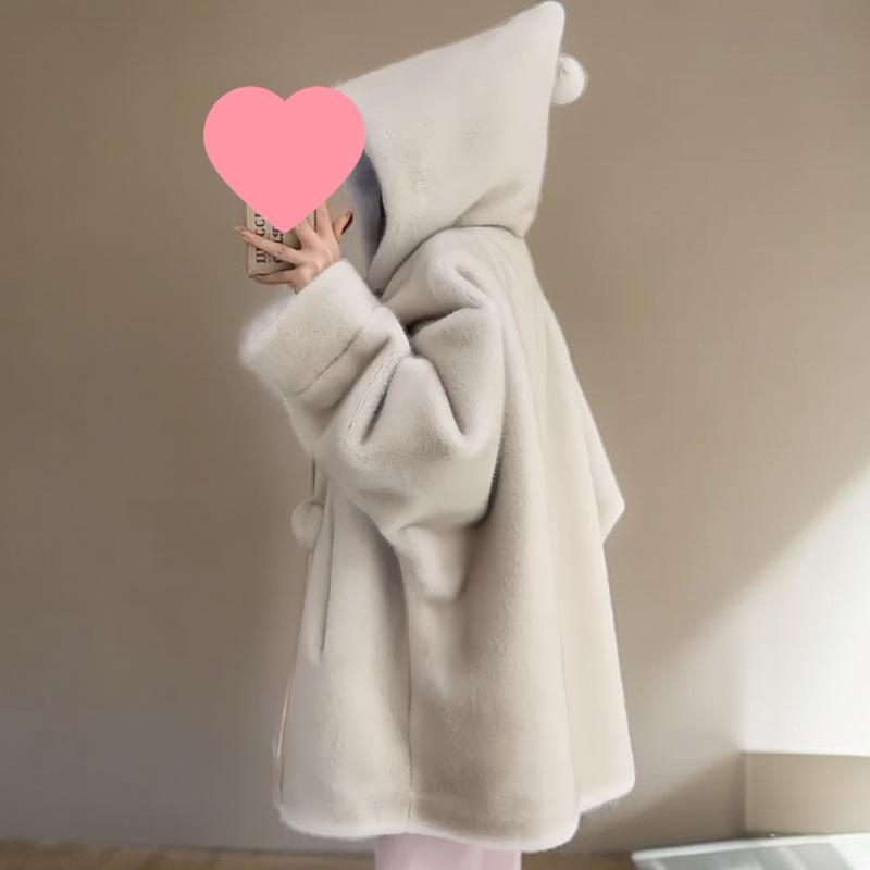 가을과 겨울 두건이 두꺼운 마녀 긴 코트 밍크 봉제 모조 모피 코트 환경 보호 올매치