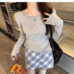 复古小众设计感木耳针织打底衫女秋季修身显瘦独特圆领百搭上衣