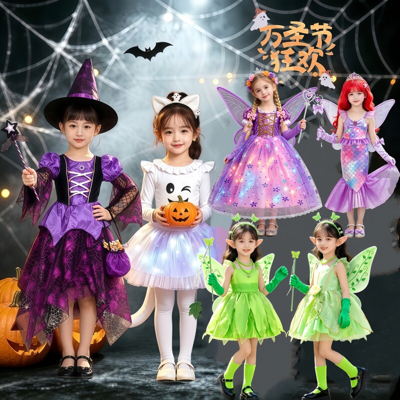 Halloween Girls' New Purple Little Witch Dress Glowing Performance Costume Tinkerbell Fairy Wings Dress