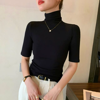 黑色高领中袖T恤女2024新款显瘦纯色百搭小众打底上衣女高领中袖