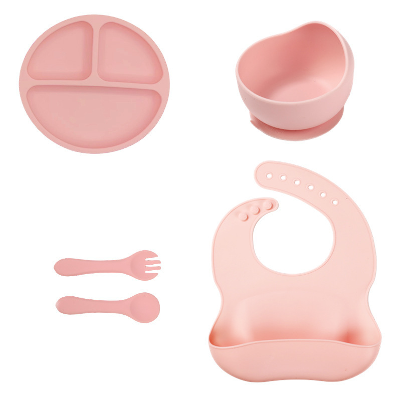Silicone Baby Feeding Tableware 5-Piece Set with Suction Cup Divided Plate and Adjustable Bib