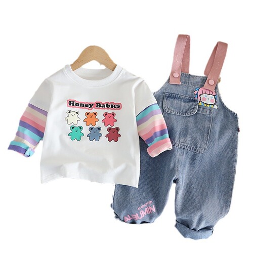 Yikids Girls' Cute Denim Overalls Set with Cartoon Doll Design, 2-Piece Outfit for Baby Girls