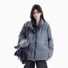 光板可定制美式复古做旧炒色牛仔羽绒服加厚保暖白鸭绒面包服