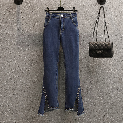 Real shot Big size dress 2022 Spring and summer new pattern Show thin Nail bead Split ends Jeans Irregular Nine points Bell-bottoms