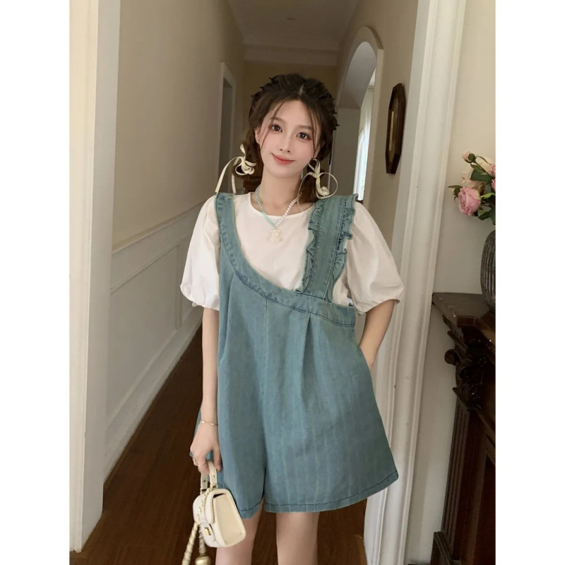 plus size Women's chubby girl Summer suit Irregular Denim Strap Shorts Short-sleeved Top Flesh Covering Two-piece Set