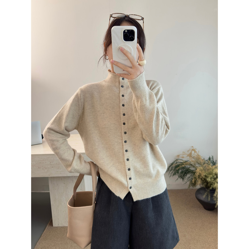 Gentle Single-Breasted Outwear Women's Button Thickeneded Long-Sleeved Knitted Cardigan Sweater Autumn and Winter Half Turtleneck Lazy Top