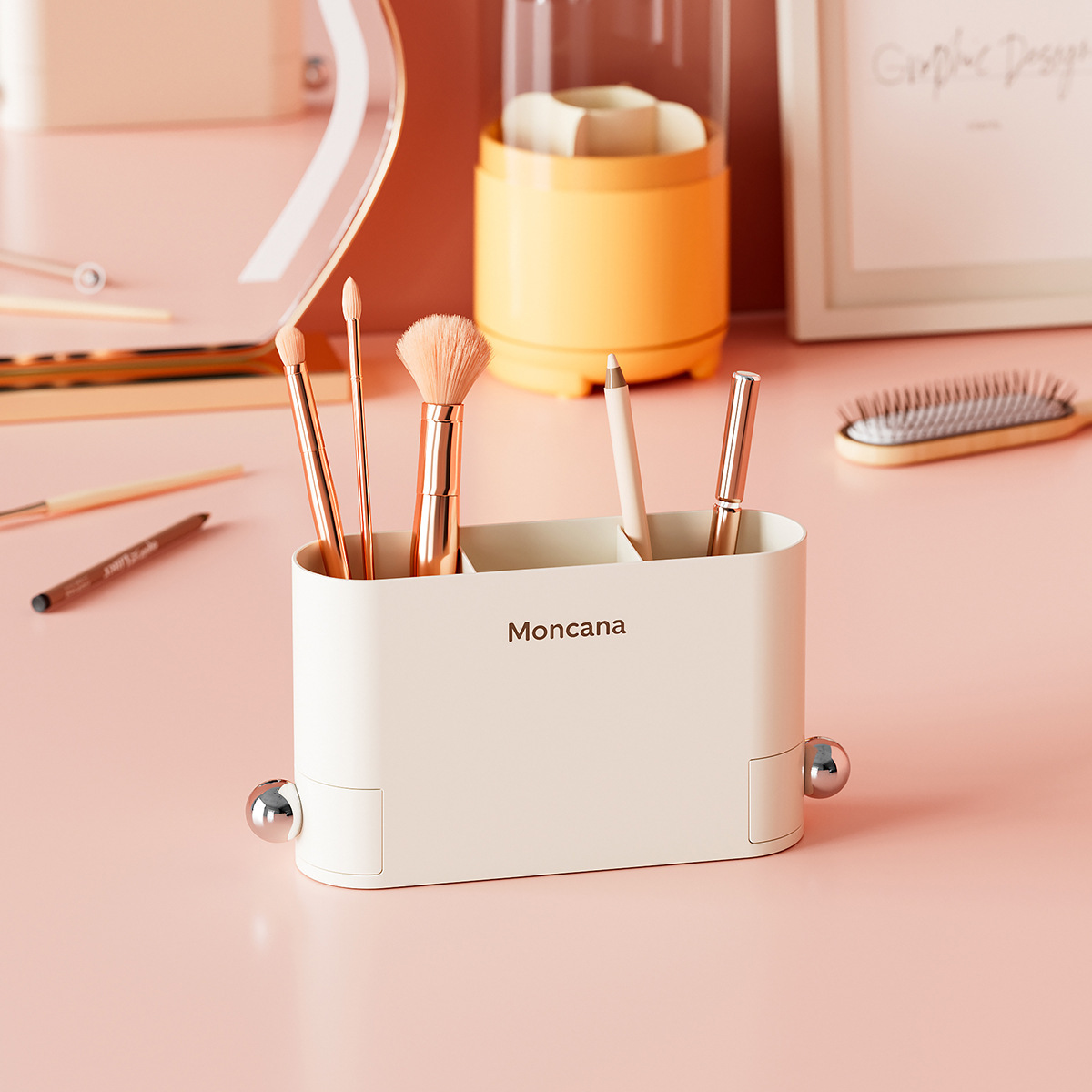 El escritorio del estudiante de la pluma creativa contiene papelería, separación multifuncional, acabado, cepillo de maquillaje, cubo de dopamina, adornos