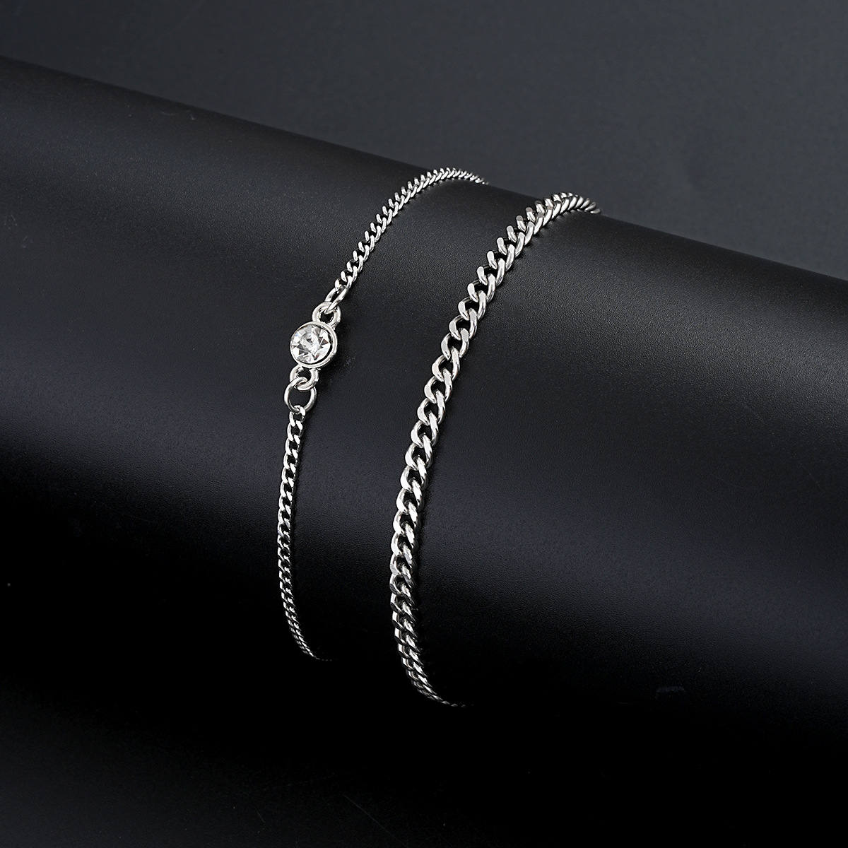 New Niche Simple Round Diamond Chain Bracelet Hip-hop Personality Couple Girlfriend Bracelet suit 2-piece Set_voghion.com