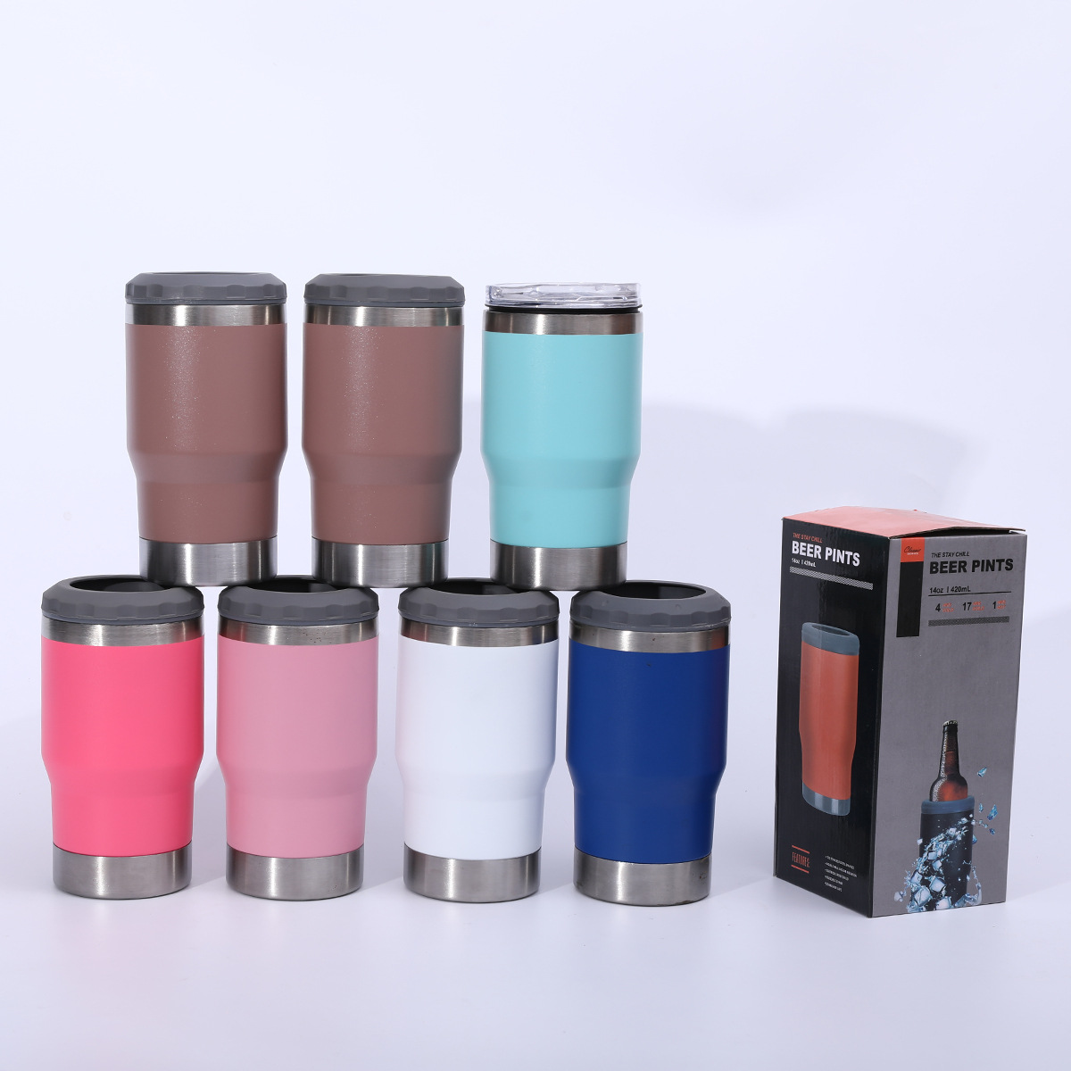 병 오프너 14oz 차가운 보존 탱크 304 스테인레스 스틸 진공 자동차 보온병 컵 야외 편리한 맥주 컵과 함께 제공