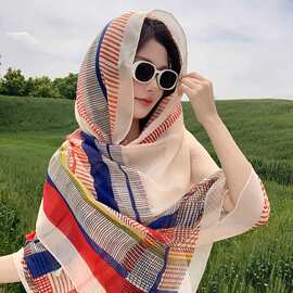 夏季防晒薄款披肩彩色条纹盘扣挂须民族风旅游穿搭丝巾沙滩纱巾女