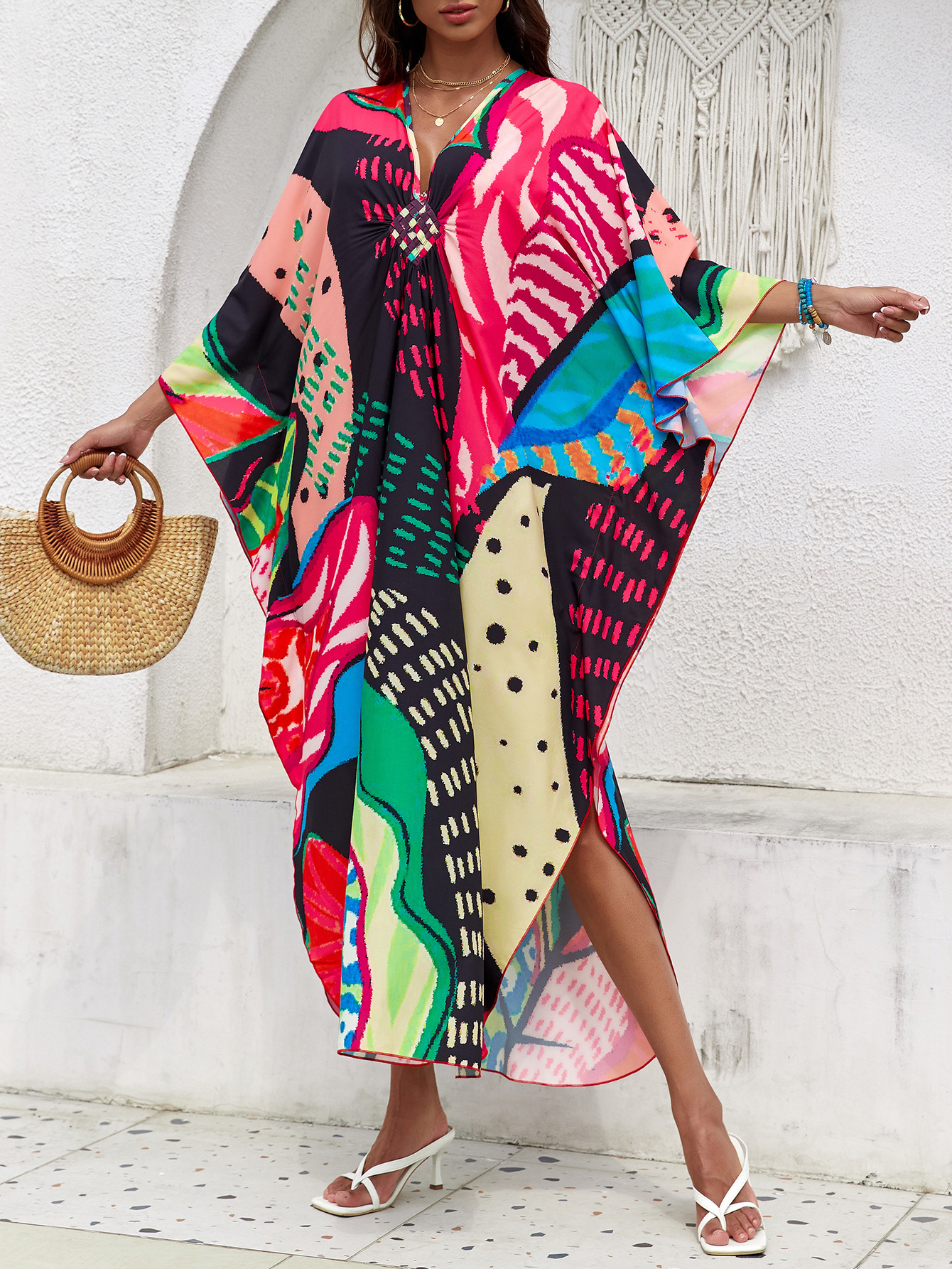 Camisas de playa europeas y estadounidenses transfronterizas tejidas a mano impresión de posicionamiento vestido de playa de vacaciones de tamaño grande 32 colores