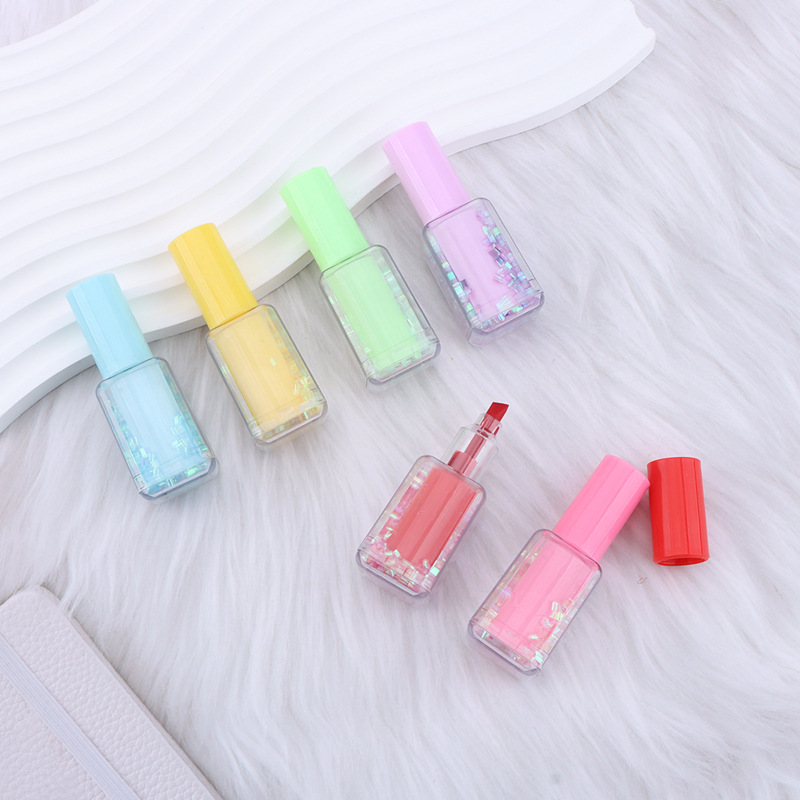 Pluma resaltador de botella de esmalte de uñas de forma linda, frasco corto de botella de una sola cabeza, lápiz labial, frasco de botella de lápiz labial de cuatro esquinas, bolígrafo de arena movediza