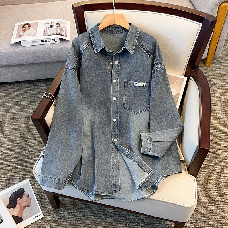plus size chubby girl high-end light luxury distressed Denim shirt coat women's early spring new casual cardigan top