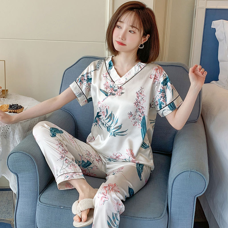 Source Factory Summer Pajamas for Women, Ice Silk Short-Sleeve Long Pants, V-Neck, Korean Style, Sweet Imitation Silk Loungewear