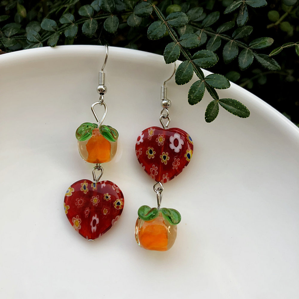 15g Weight Alloy Ear Needle Material Drop Earrings Classification 1 Pair Quantity Daily Occasion Glass, Metal Material Persimmon, Heart Shape, Flower Pattern All Seasons Season Women's Gender Polished Finish Asymmetrical Design Cute Style 1 Pair Cute Persimmon Heart Shape Flower Asymmetrical Glass Metal Drop Earrings 6
