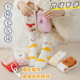 Autumn and winter new hair-free coral fleece women's socks three-dimensional socks embroidered women's socks plush socks floor socks warm thickened