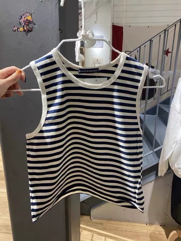 BM wind brandy same style curled navy blue beige striped vest women's inner strap