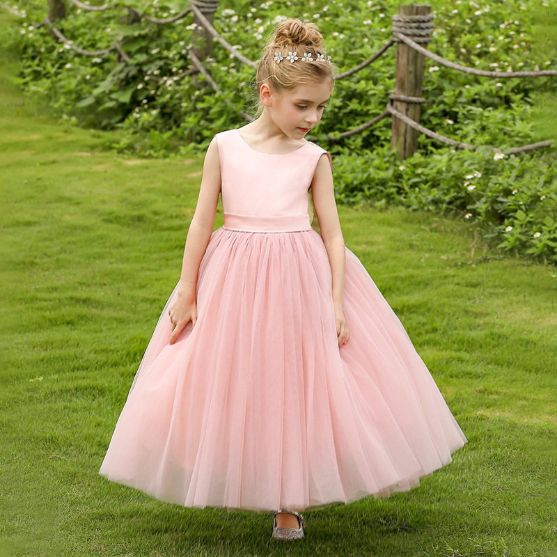 Nuevo europeo y americano transfronterizo vestido de novia de los niños sin mangas de satén arco de las mujeres de rendimiento de cumpleaños mullido vestido de mono
