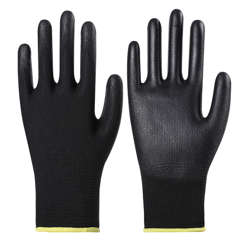Guantes de nailon de PU negro, seguro laboral, manos recubiertas transpirables, antideslizantes, almacenamiento y montaje, trabajo industrial ligero, hombres y mujeres, modelos finos de verano