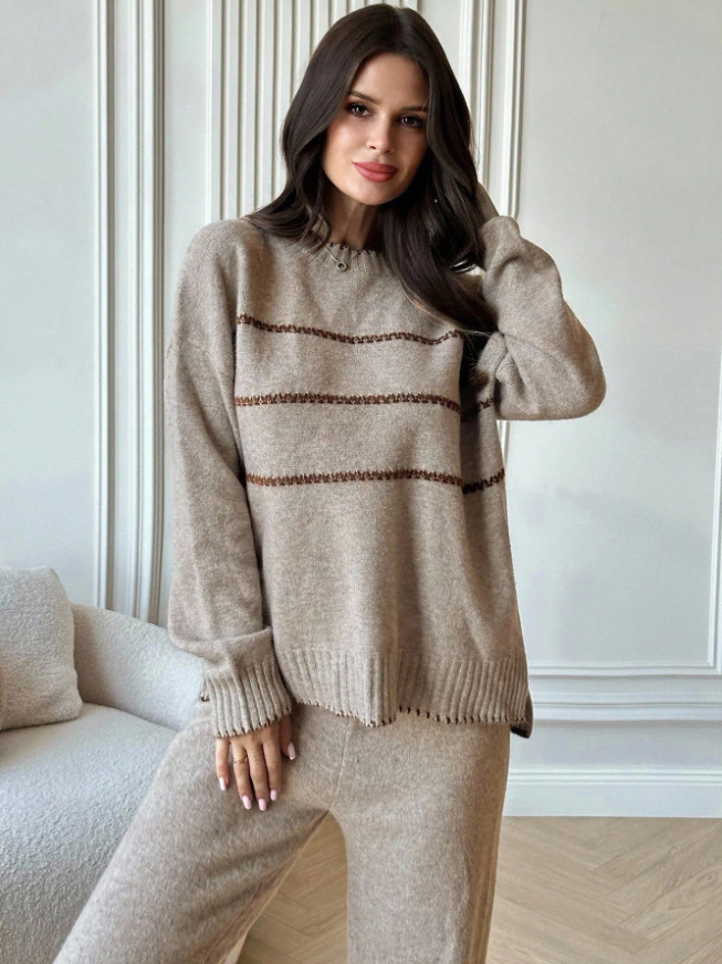 Ensemble pull ample et décontracté à manches longues et col rond pour femme, composé d'un haut et d'un pantalon. Finitions colorées. Idéal pour l'automne et l'hiver._voghion.com