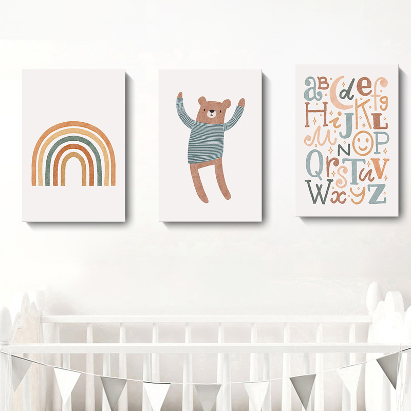 Pintura decorativa nórdica dibujos animados interesantes alfabeto numérico puerta arcoíris dinosaurio dormitorio infantil cuelga pintura marco interior pintura image 3