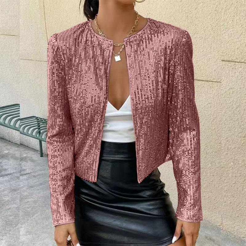 280g Weight Casual Jacket Outerwear Type Long Sleeve Sleeve Length Polyester Fabric Type Regular Top Length Coat Tops Type Holiday, Party Occasion Round Neck Neckline Slim Fit Type Solid Color Pattern Spring, Autumn Season Women's Gender Sequins Design Streetwear Style Women's Streetwear Solid Color Sequins Coat Casual Jacket 13