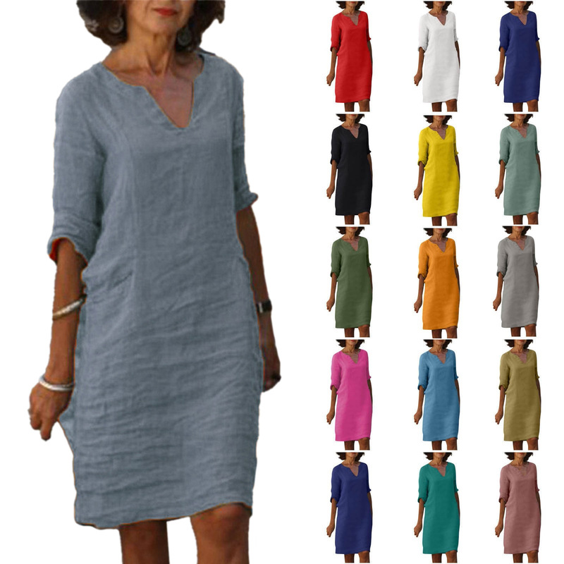 2023 Summer Amazon European and American Cotton and Linen Small V-neck Stitching Retro High Waist Solid Color Seven-point Sleeve Dress for Women 2023 Summer Amazon European and American Cotton and Linen Small V-neck Stitching Retro High Waist Solid Color Seven-point Sleeve Dress for Women
