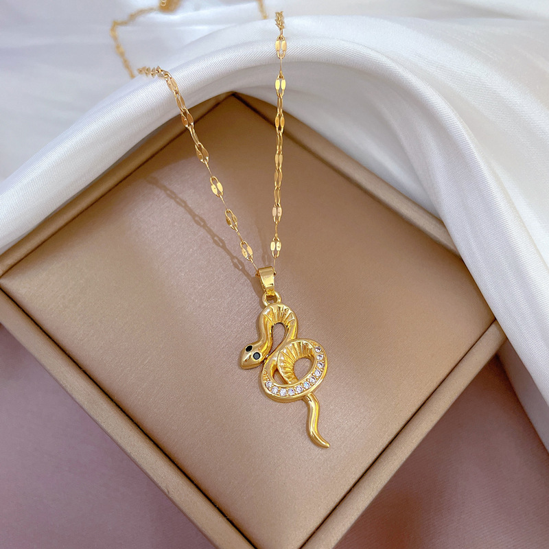 Fashion Snake Stainless Steel Plating Inlay Rhinestones Pendant Necklace 1 Piece