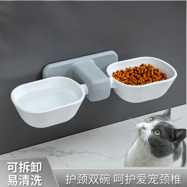 免打孔猫碗一体双碗保护颈椎挂式水碗食盆宠物猫咪自动喂水器批发|ms