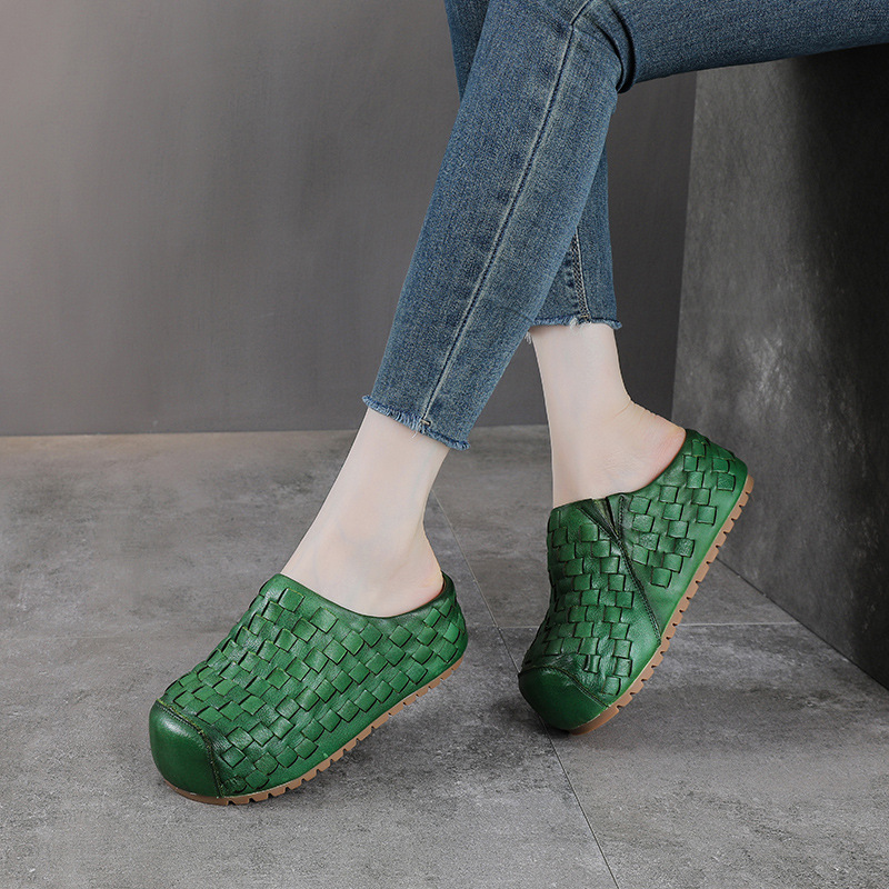 Sandal cao gót nữ da thật mũi nhọn đan thủ công, gót 9 cm — màu nâu