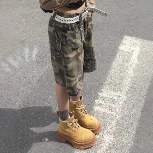 Vintage American Style Hot Girl Cowboy Camouflage Shorts for Women Summer Low-Waist Street-Rolling Straight Leg Military Green Work Pants Trendy