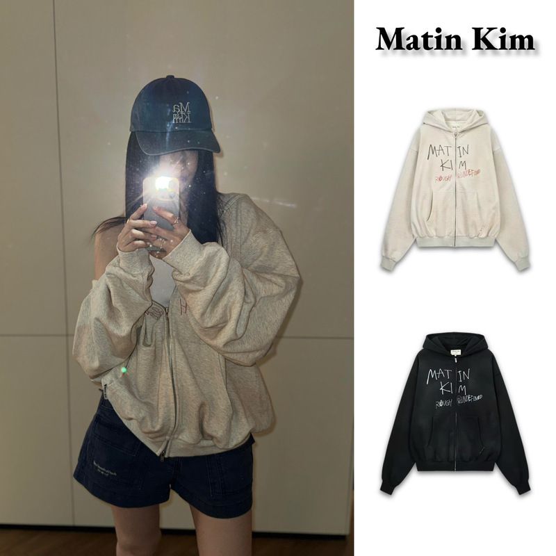 [In stock] Korean matin kim hooded sweatshirt jacket, same style as Ning Yizhuo's, distressed lettering, loose-fitting hoodie