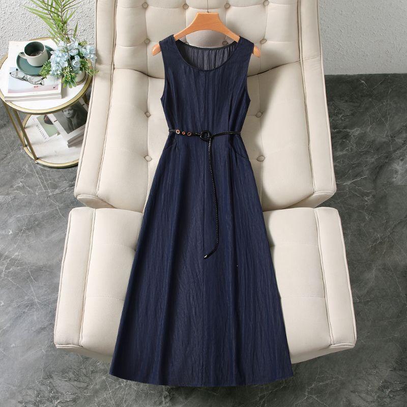 Imitation Denim Dress 2026 Spring/Summer New Fashion Round Neck Sleeveless Slimming Vintage Style Long Skirt with Large Hem