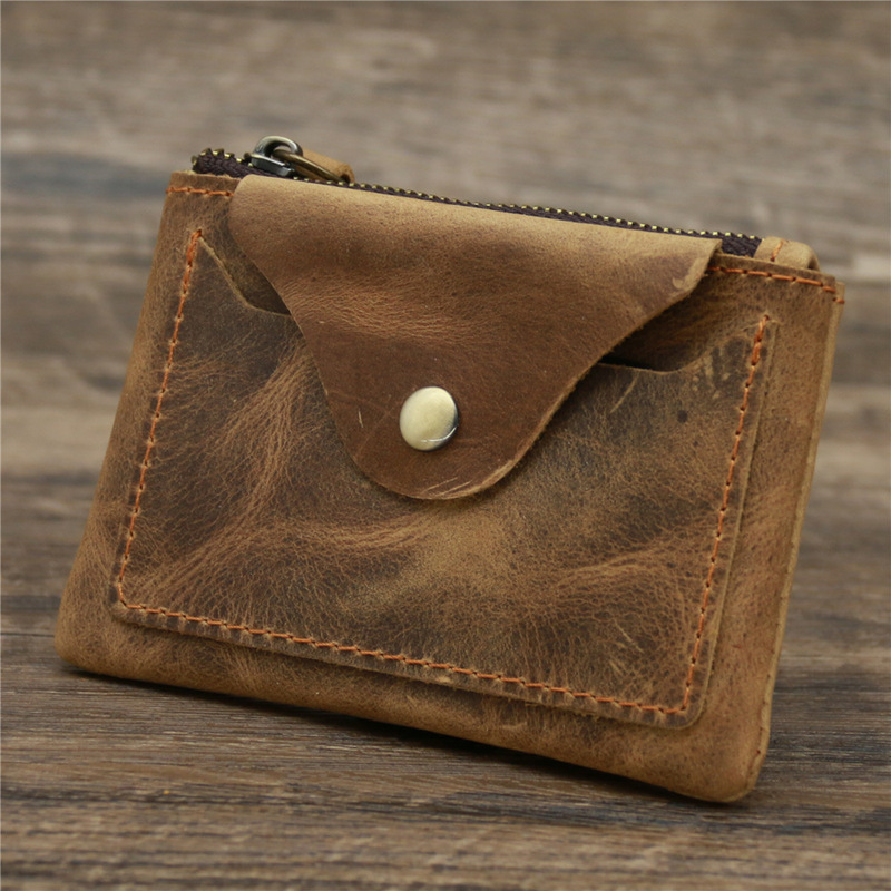 1044 Boys and Girls Genuine Leather Coin Purse Cowhide Crazy Horse Brown Coffee Zipper Coin Bag Retro Factory Direct Sale