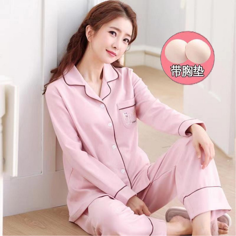 Pijama de Otoño de una pieza para mujer con almohadilla en el pecho nuevos pantalones de manga larga de algodón 100% para primavera y otoño