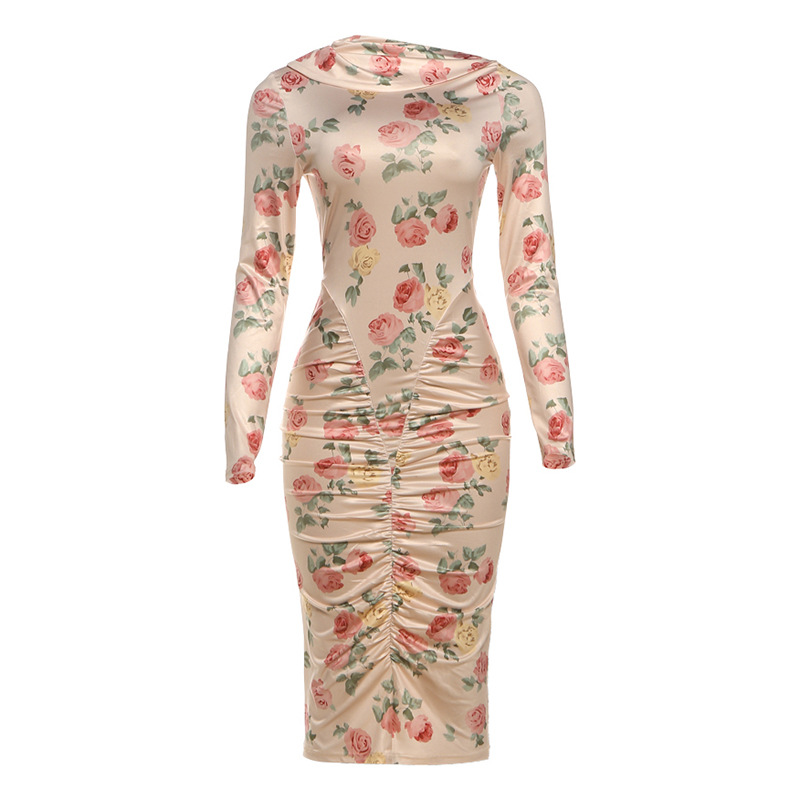 Fashionable Long Sleeve Bodycon Dress Unique Print Ruffled Design Sexy Silhouette Autumn Winter Collection