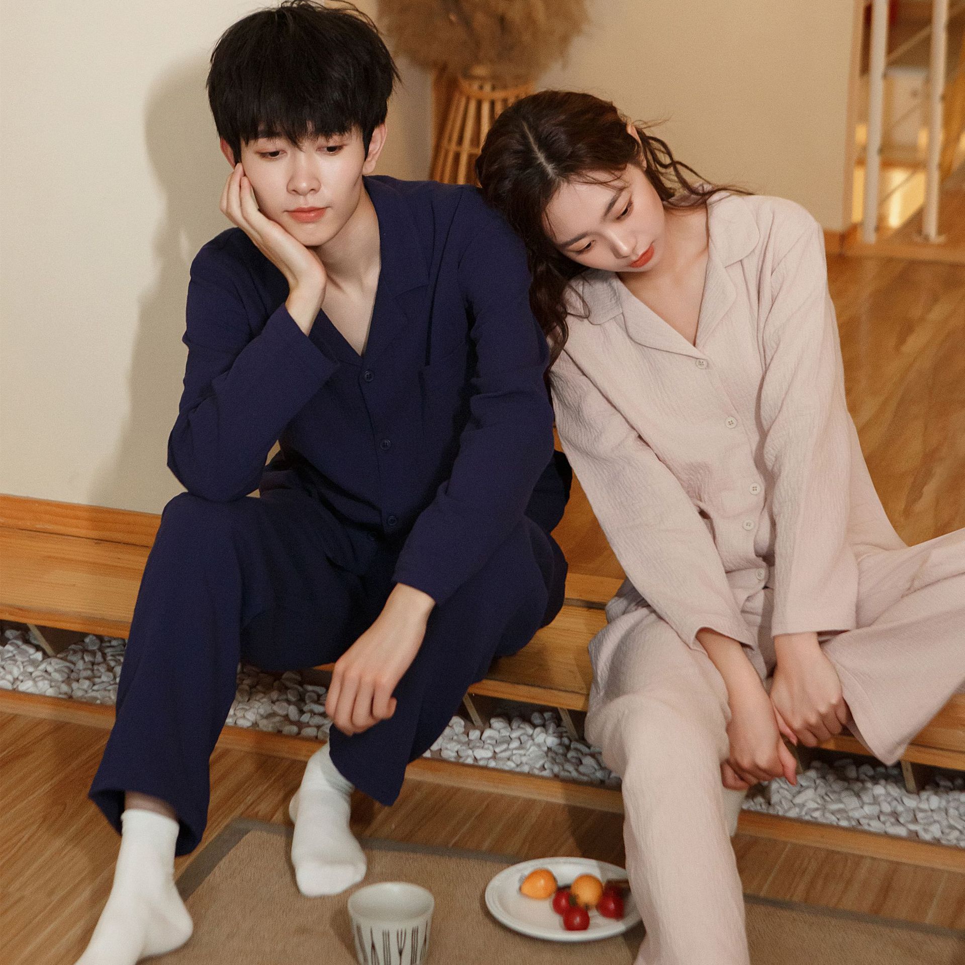 잠옷, 순면, 여성용 봄, 가을 심플 루즈 라펠 가디건, 긴팔 바지 정장, 여성용 커플 잠옷