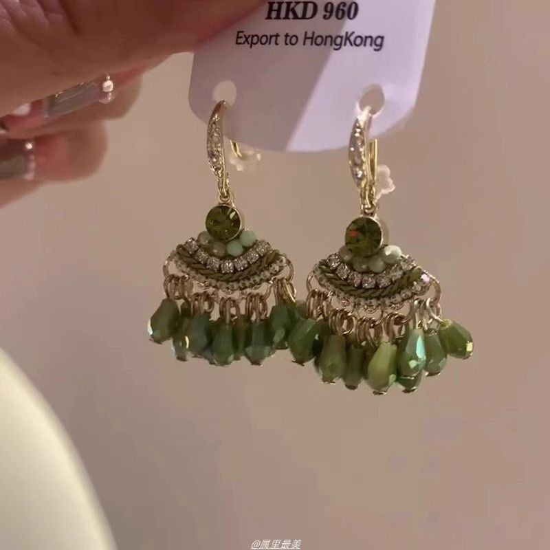 新中式绿色水滴流苏耳环民族风小众高级轻奢波西米亚重工度假耳饰|undefined