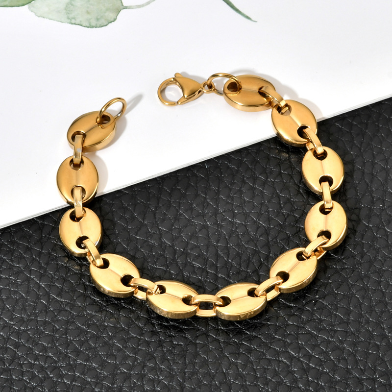 欧美hiphop街头嘻哈风时尚咖啡豆不锈钢镀18K金钛钢手链跨境热销