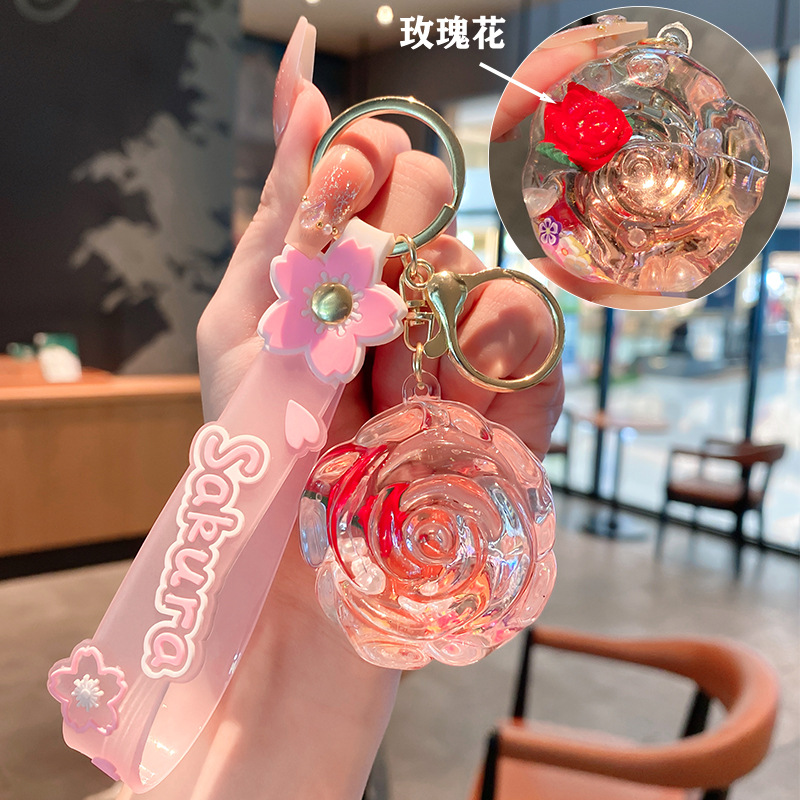 Iteret Celebrity Oil Doll Liquid Sad Bottle Keychai For Wome Exquisite Cute Cartoo Rose Pedat Backpack_voghion.com