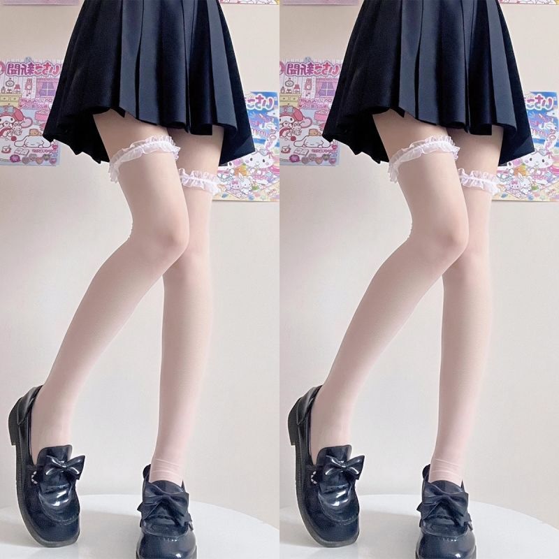 日系蝴蝶结蕾丝花边长筒黑丝袜薄款白色过膝高筒jk袜子女Sy|undefined
