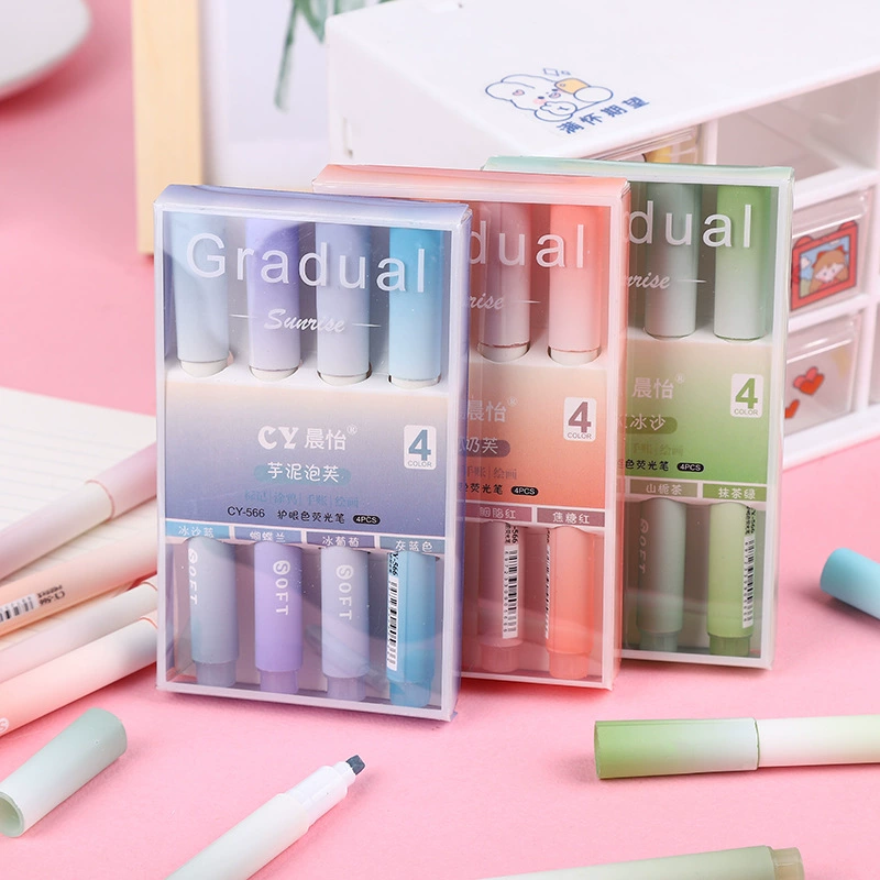 Fluorescent Gradient Highlighter Set, 4‑Pack Pastel Shades, large-capacity & eye-friendly