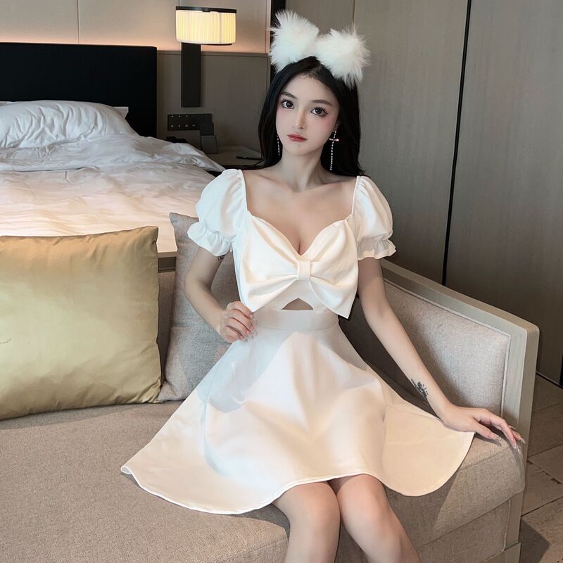 Sexy Exposed Women's Low-cut Nightclub Work Skirt Stereo Big Bow Splicing Puff Sleeve Dress Summer