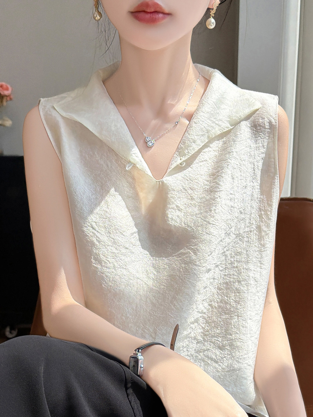 Áo sơ mi không tay cổ lật nữ chất tơ tằm phong cách quốc gia — Champagne màu