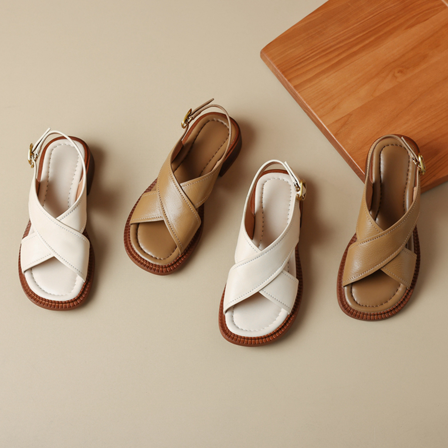 Sandal hở mũi nữ gót thấp 3.5 cm quai chéo da cừu phong cách La Mã — màu trắng ngà