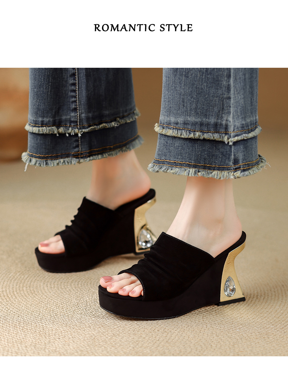 Sandal peep toe nữ gót vuông da lộn mũi vuông đế xuồng cao 5 cm — màu đen, màu mơ chi tiết 9
