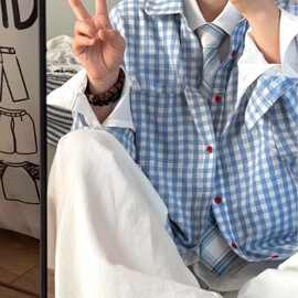 韩系小清新蓝色格子衬衫女秋冬2024新款宽松叠穿休闲设计感长袖潮