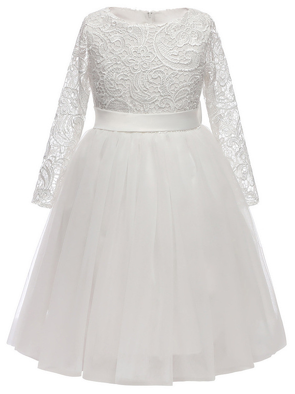 Vestido de niña para boda, de encaje, manga larga, con flores, estilo princesa, con lazo de malla, de Amazon Cross-Border.