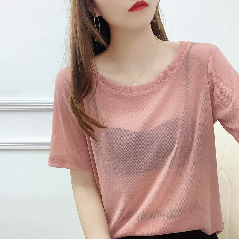 Mi Qin Перспектива сетчатая футболка с короткими рукавами топ 2024 Яркий шелк свободная рубашка женская ледяная шелковая основа с жемчужно-белым