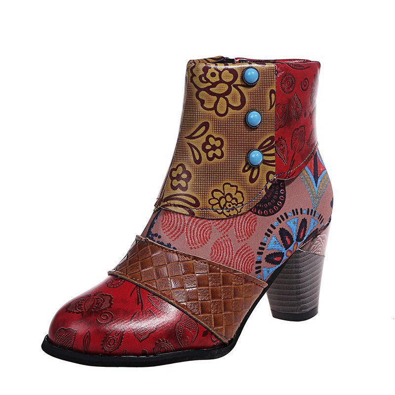 Bottes courtes ShoeVault Cross-Border grandes tailles pour femmes, collection hiver 2021, style ethnique patchwork, bottines Martin à boutons et talons épais._voghion.com